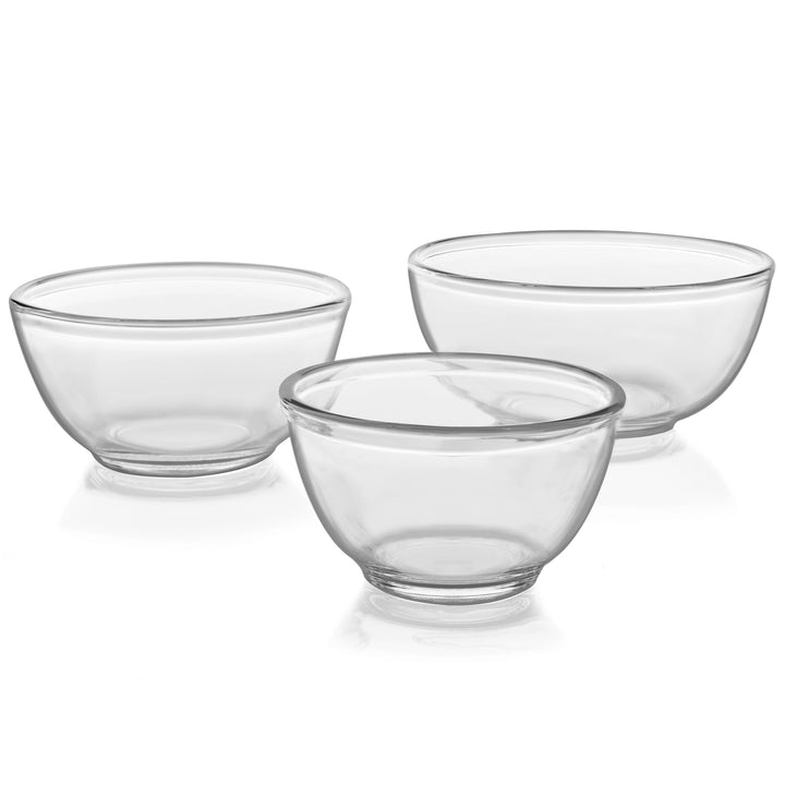 Innovative glass construction makes these versatile mixing bowls, available in small, medium, and large sizes, safe for the oven, microwave, refrigerator, and freezer