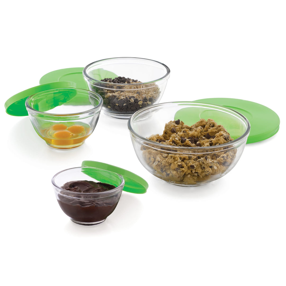 This comprehensive set includes four glass mixing bowls in various sizes, perfect for all your cooking and baking needs, from small prep tasks to large mixing jobs