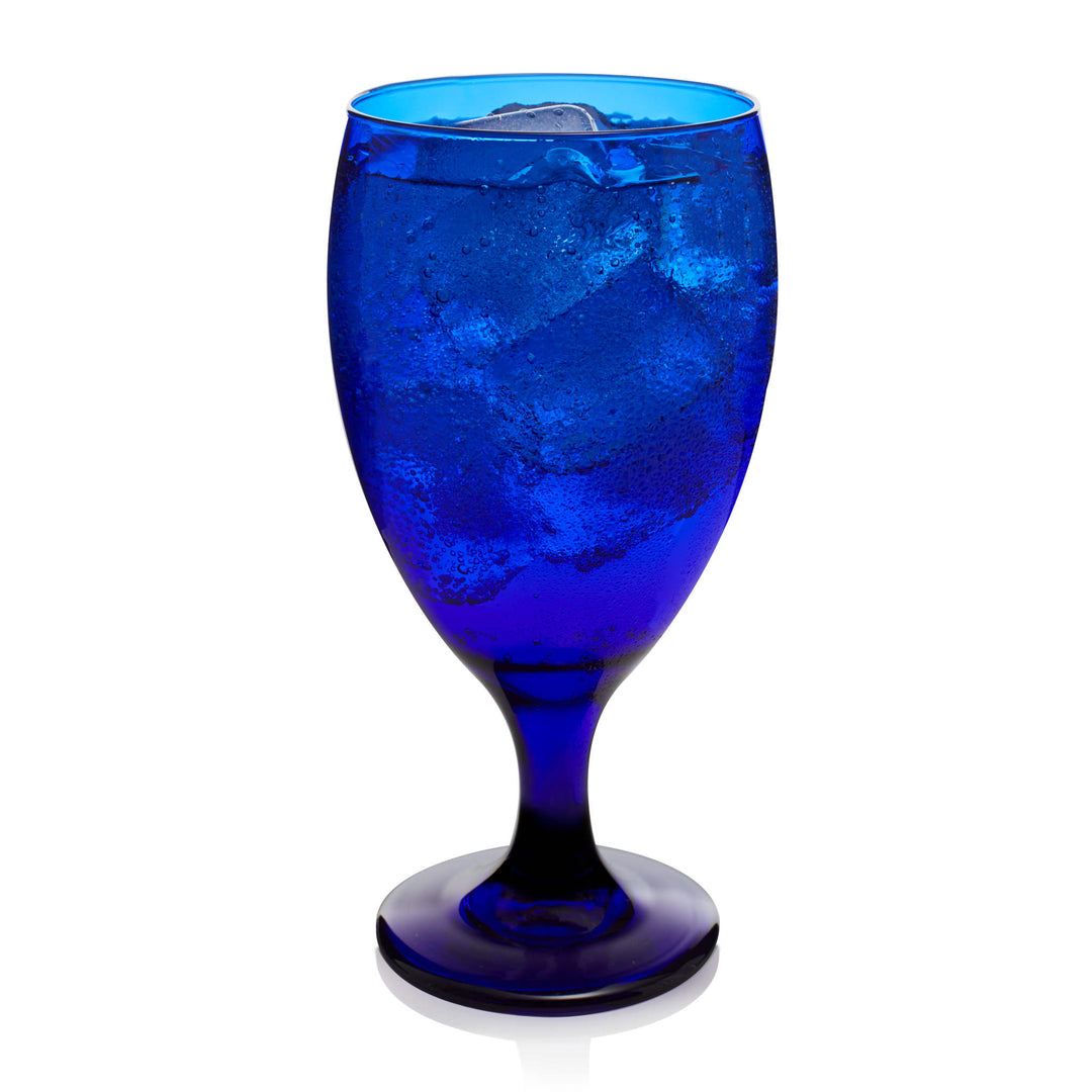 Stylish set of large goblets with vibrant blue glass color that bring an oceanside vibe to parties and everyday use — includes twelve 16.25-ounce glasses