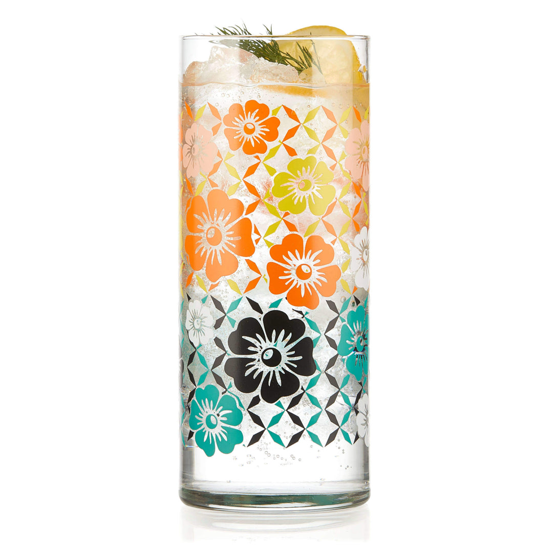 Tall drinking glass with allover vintage-inspired floral design