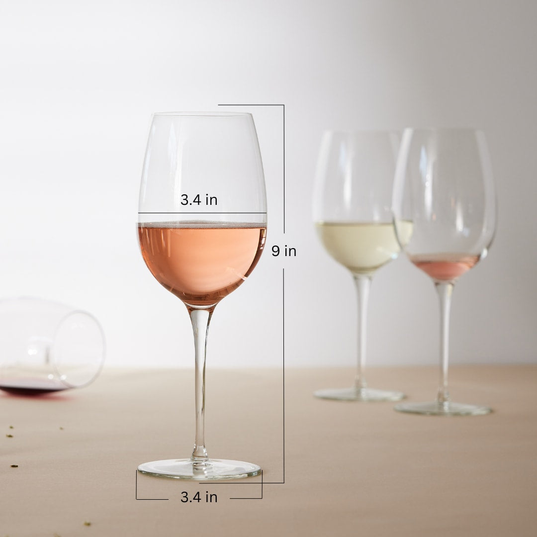 Includes 12, 16-ounce all-purpose wine glasses (3.365-inch diameter x 9-inch height