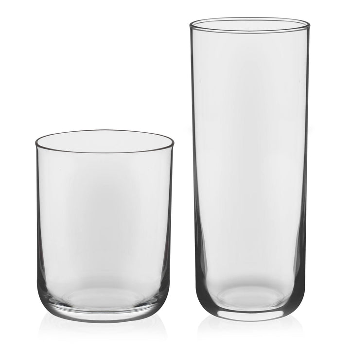 Includes 8, 15.2-ounce tumblers (2.7-inch max diameter by 6.5 inches high) and 8, 12.2-ounce rocks glasses (3-inch max diameter by 3.9 inches high)