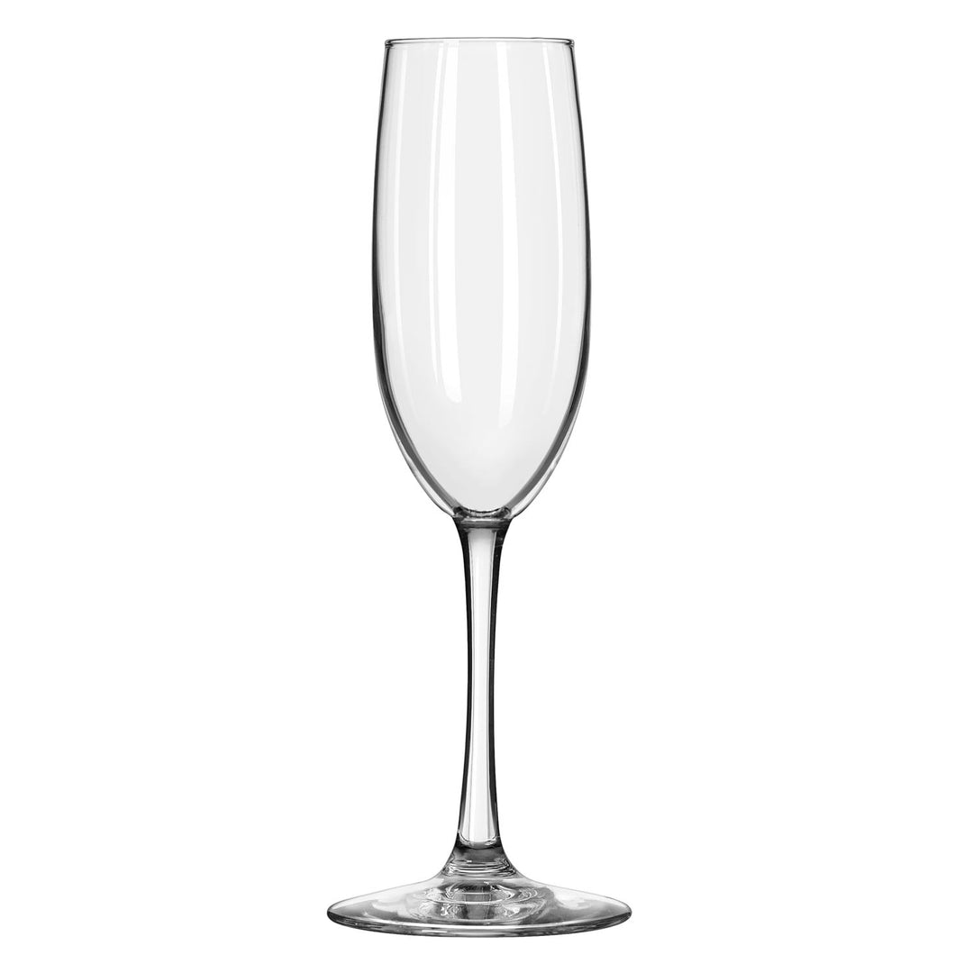Elegant flute glass has narrow rim to preserve bubbles in sparkling beverages
