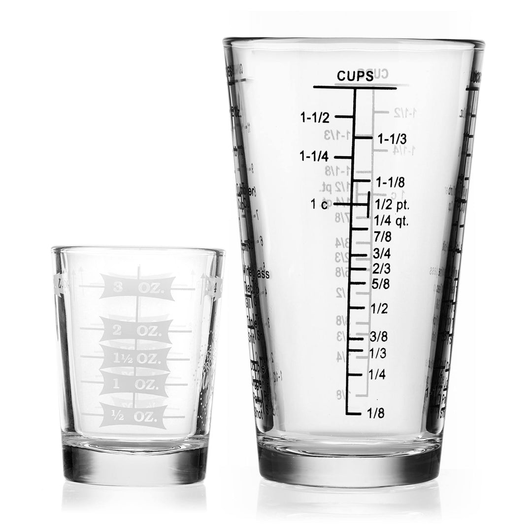 Includes 1, 16-ounce mixing glass (3.5-inch diameter x 5.8-inch height) and 1, 4-ounce measuring glass (2.4-inch diameter x 3.1-inch height)