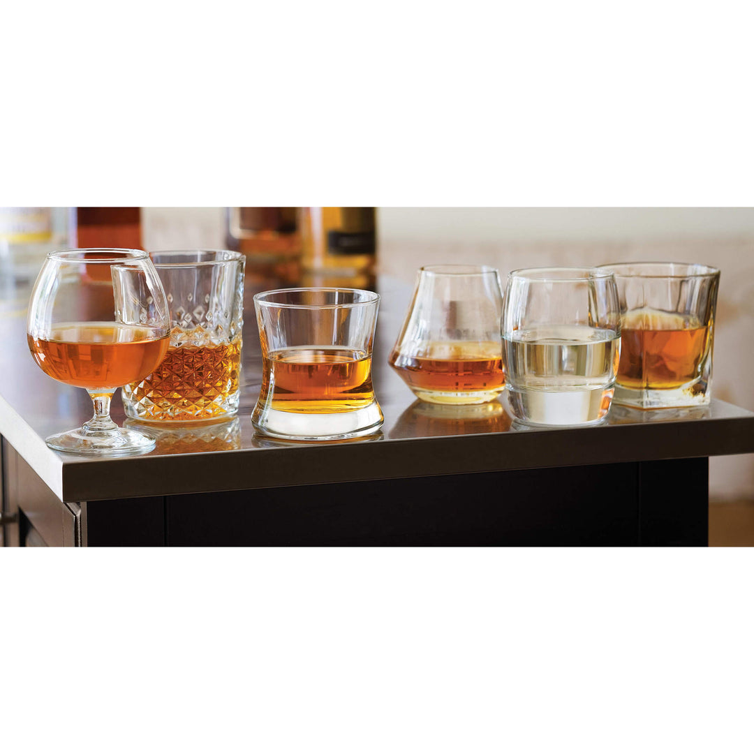 Includes 1, 9.5-ounce tequila glass; 1, 12-ounce scotch glass; 1, 12-ounce cognac glass; 1, 8.5-ounce bourbon glass; 1, 9.8-ounce whiskey glass; and 1, 9-ounce rye glass
