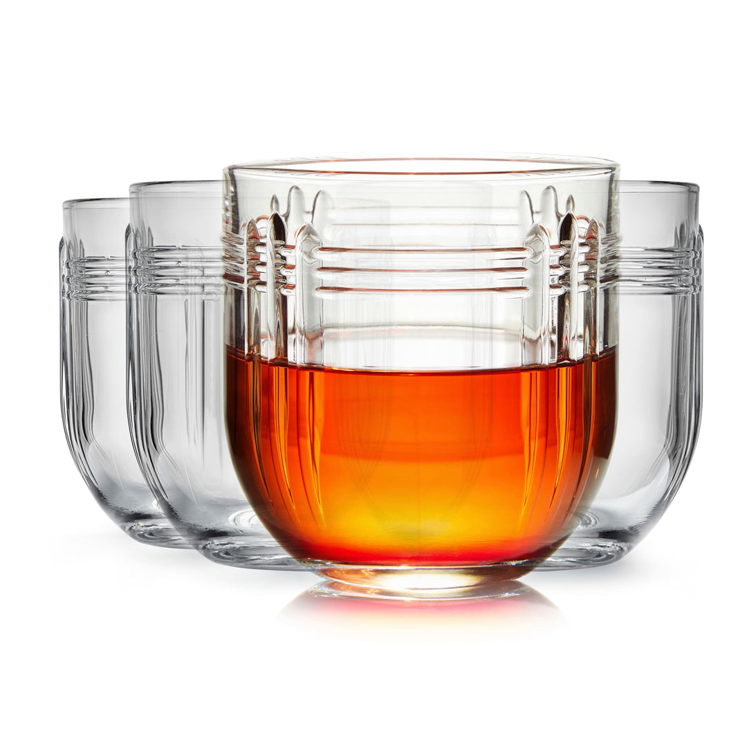 Rocks glass inspired by the Art Deco features cut glass look and raised design, elevating mixed drinks and spirits