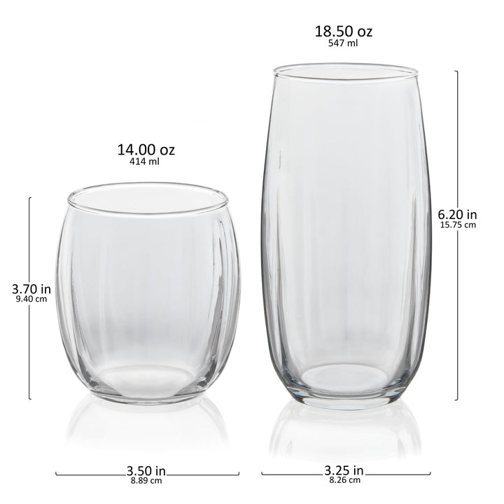 Includes 8, 18.5-ounce cooler glasses and 8, 14-ounce double old-fashioned rocks glasses