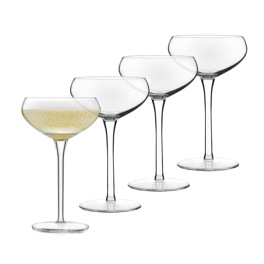 Timeless, elegant set of rounded coupe champagne and cocktail glasses — four 9-ounce coupe glasses