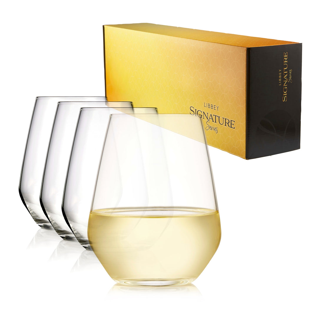 Versatile stemless wine glasses feature modern, angular bowl and thin walls