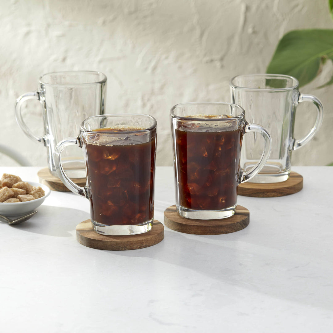 Includes 4, 16-ounce glass coffee mugs (5-inch height by 4.75-inch diameter)