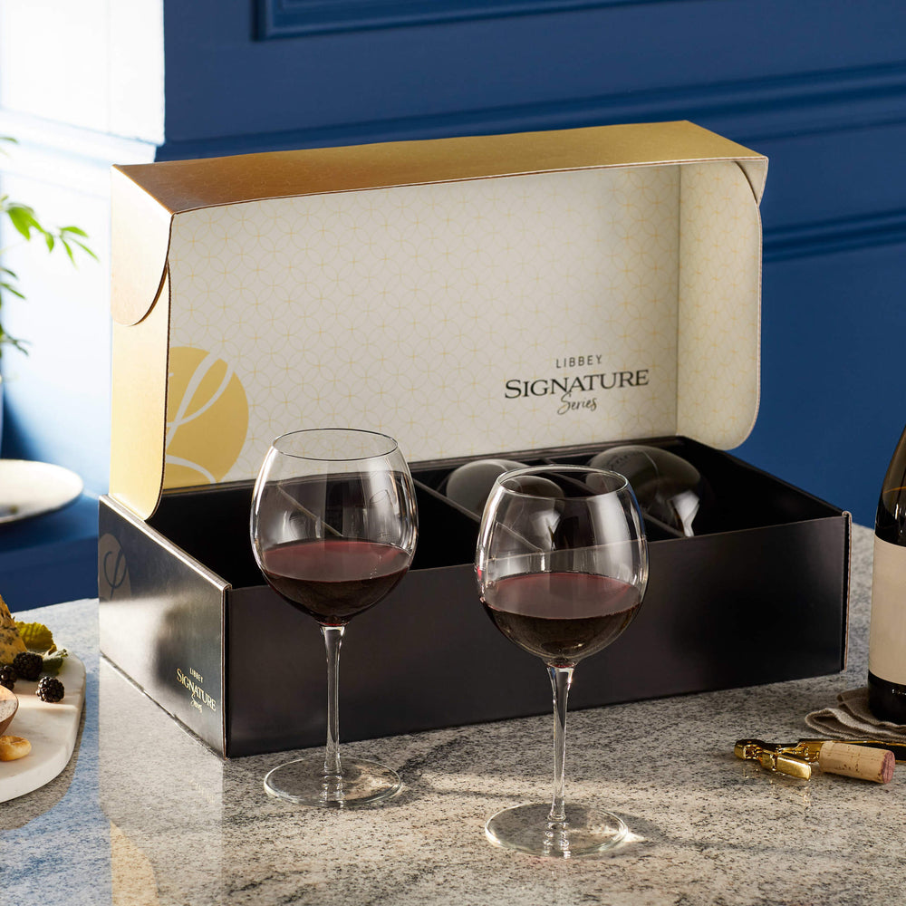 Set includes 4, 24-ounce red wine glasses boxed in beautiful gift packaging