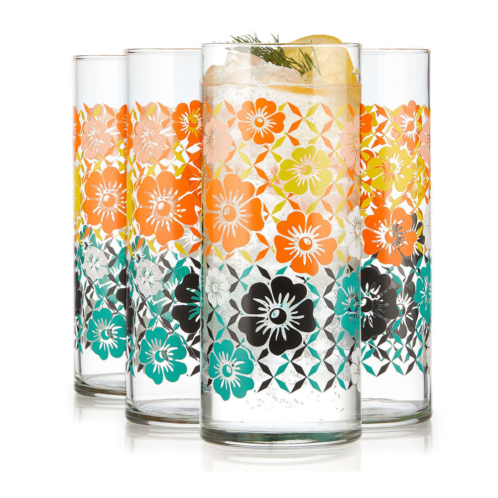 Tall drinking glass with allover vintage-inspired floral design