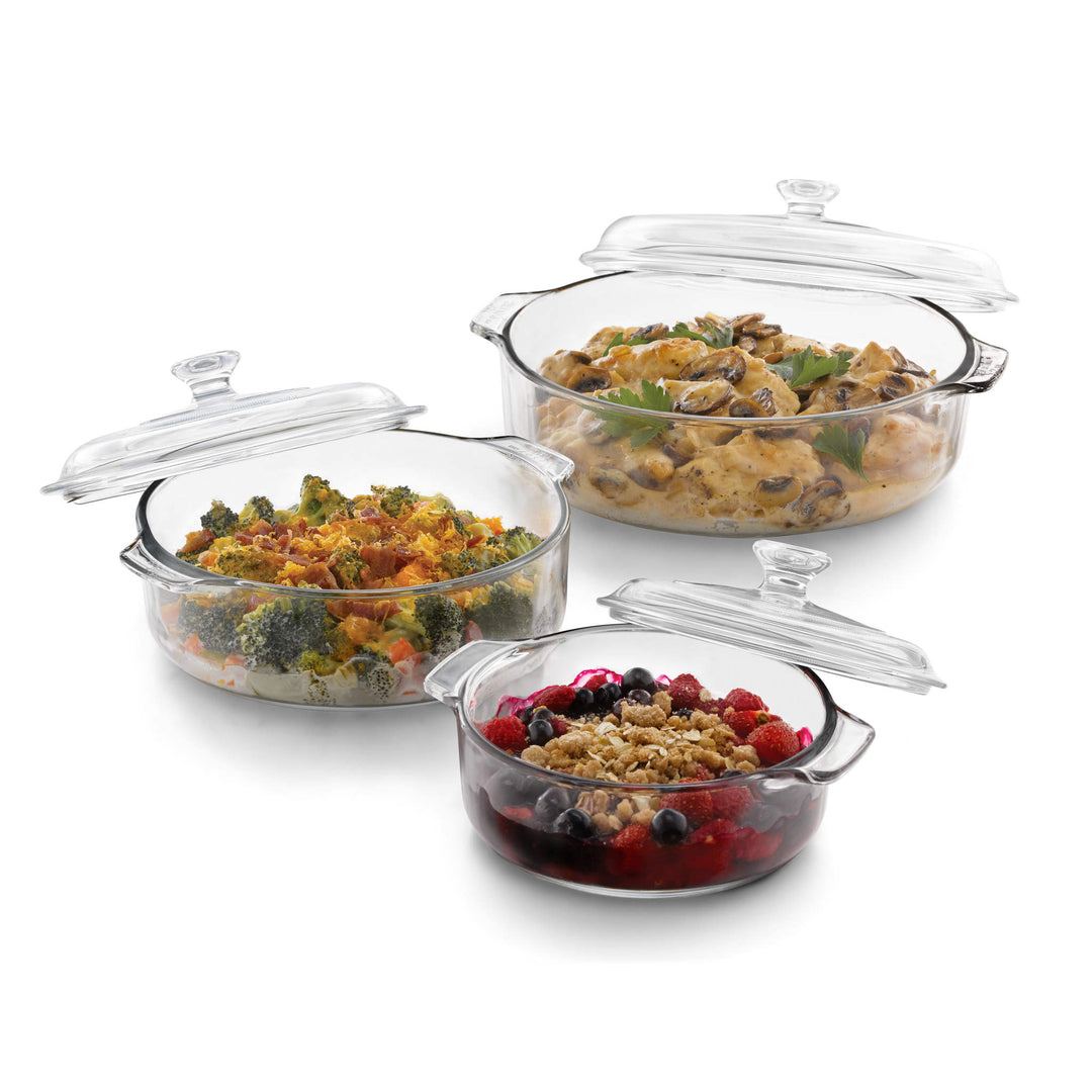 Revolutionary glass construction makes these versatile casseroles safe for oven, microwave, refrigerator, and freezer; clear sides let you monitor baking