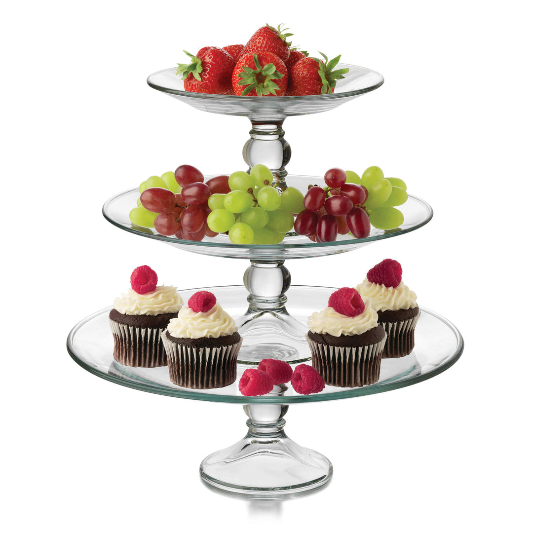 Enhance your table's elegance and sophistication with the exquisite Libbey Selene 3-Tier Glass Footed Server Set