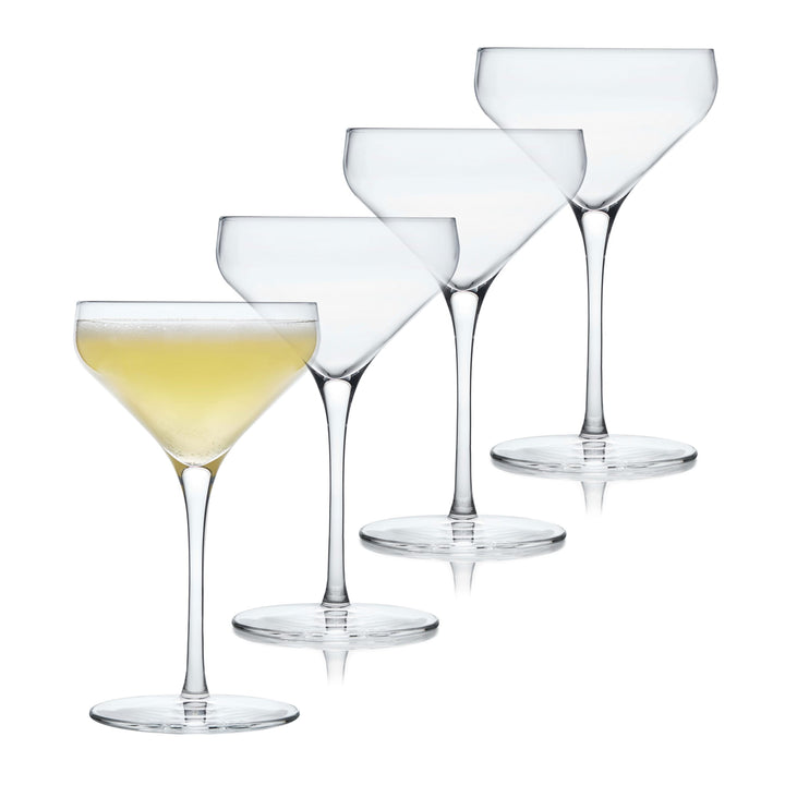 Timeless, elegant set of rounded coupe champagne and cocktail glasses — four 8-ounce coupe glasses (3.89-inch diameter x 6.5-inch height)