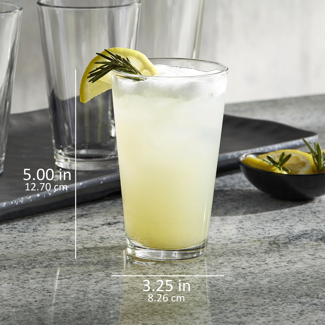 Includes 6, 12 ounce mixing glasses (3.25 inch diameter x 5 inch height)