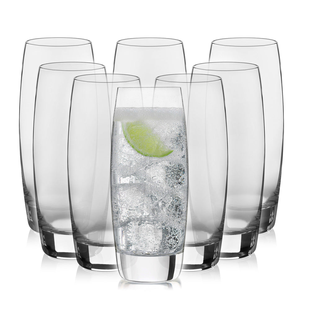 Slender, classy cooler glasses with heavy base and wide rim for all your entertaining needs — eight 16-ounce tumblers