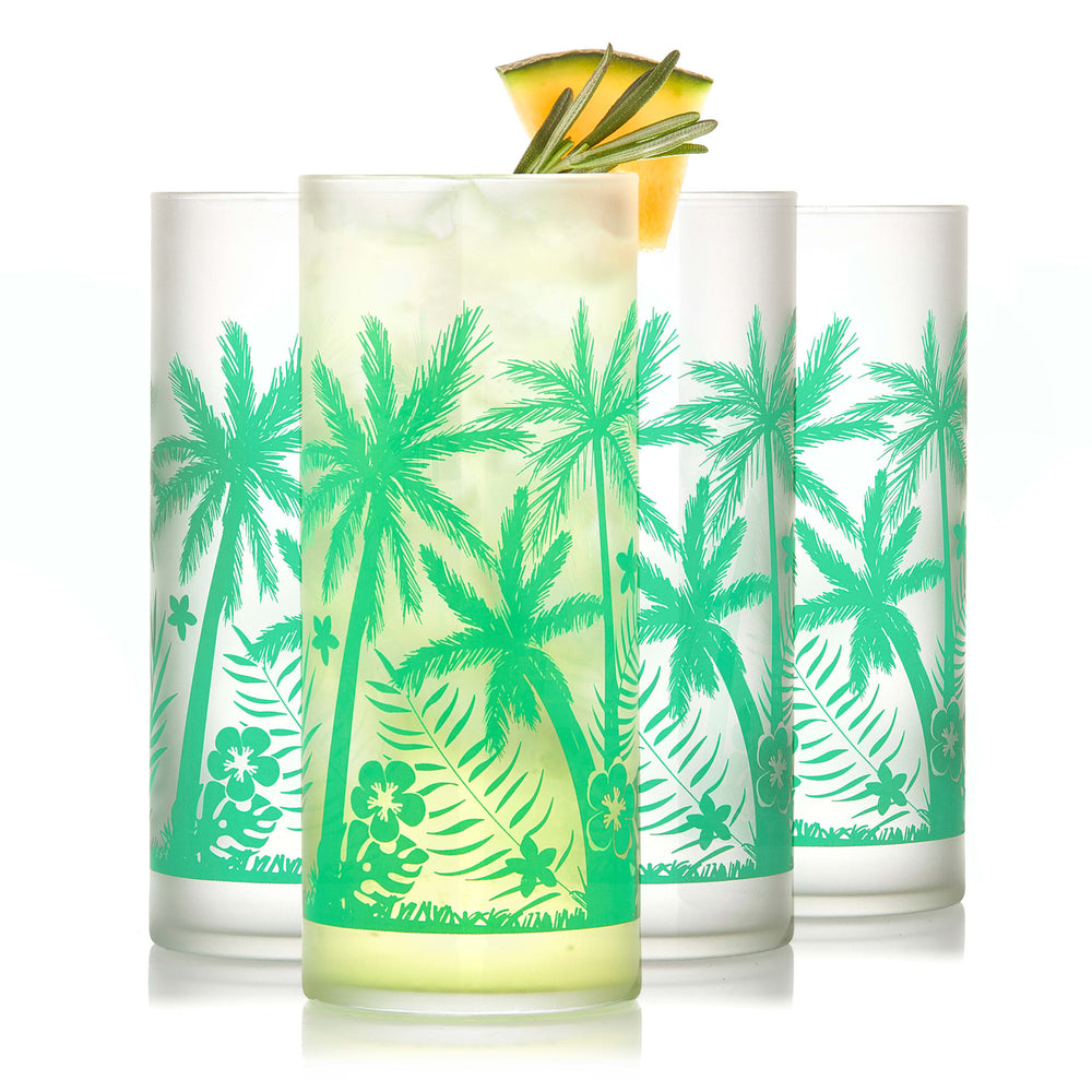 Long and lean coolers with frosted body and palm tree print inspired by designs of the ’60s and ’70s