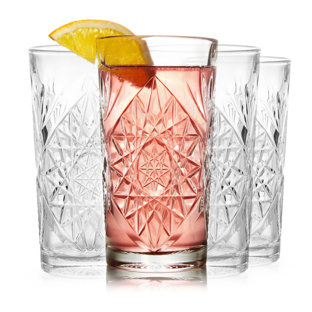 Serve cocktails, soda and non-alcoholic mixed drinks in this hi-ball glass featuring classic hob and star design