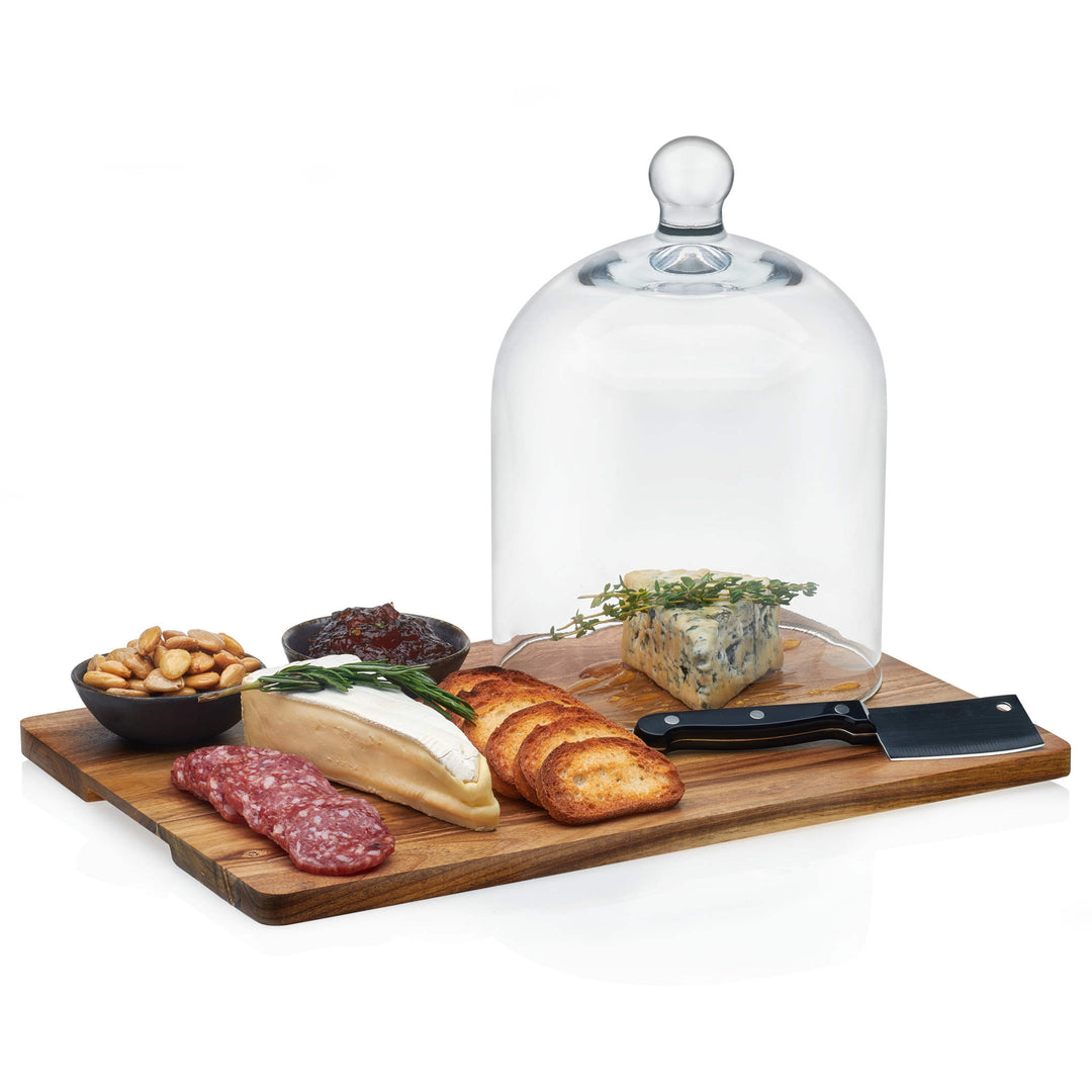Gorgeous Acacia wood cheese serving/cutting board set with show-stopping glass dome for entertaining and gifting