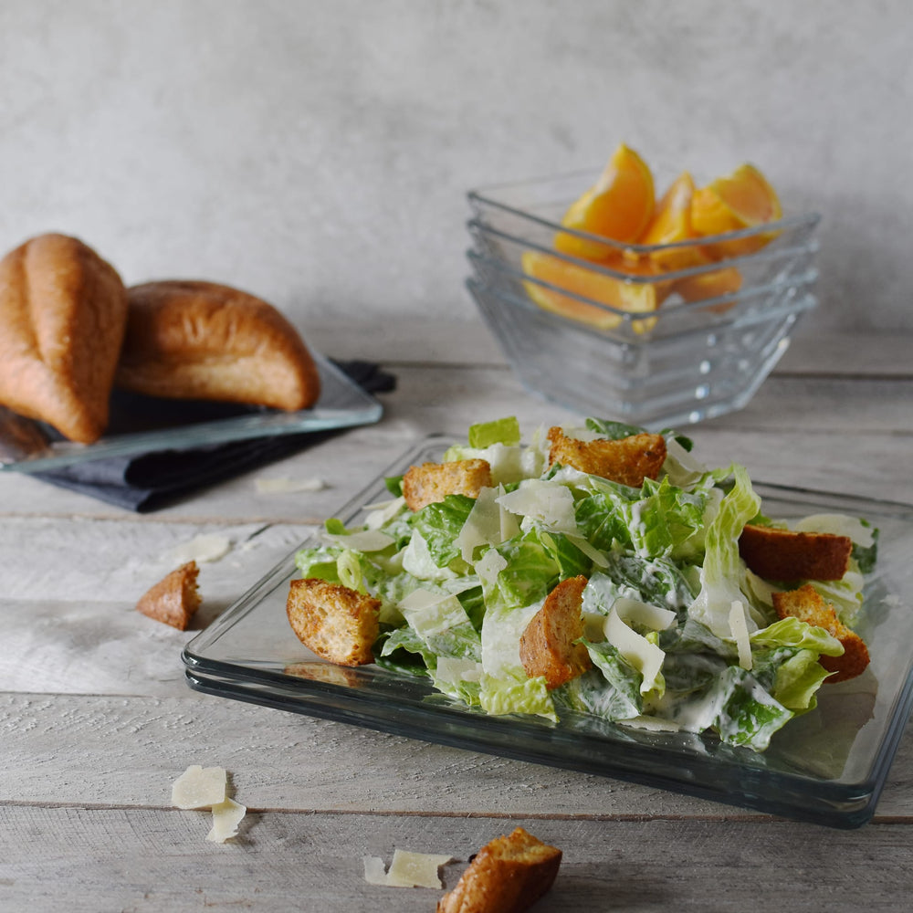 Save cupboard space with the stackable square dinner plates, salad plates and bowls