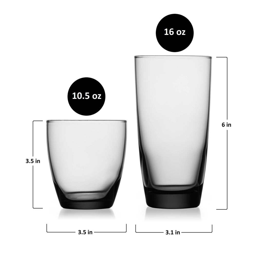 Perfect for Any Drink: This set includes 6, 16 ounce coolers (3.1 inch diameter by 6 inch height) and 6, 10.5 ounce double old fashioned glasses (3.25 inch diameter by 3.5 inch height)