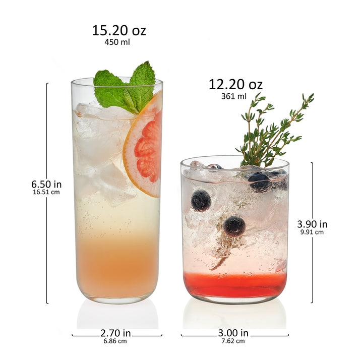 Includes 8, 15.2-ounce tumblers (2.7-inch max diameter by 6.5 inches high) and 8, 12.2-ounce rocks glasses (3-inch max diameter by 3.9 inches high)