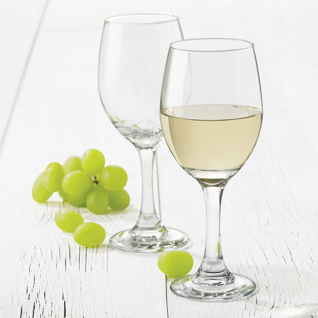 Includes 4, 14-ounce white wine glasses (3.38-inch diameter x 8.25-inch height)