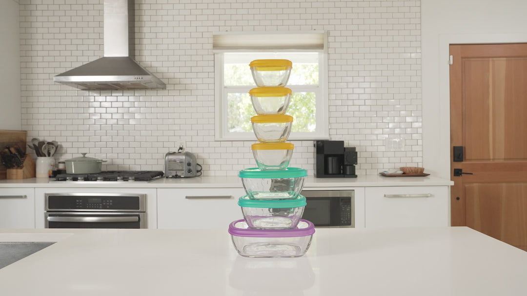 Libbey Serve It 14 Piece Glass Storage Container Set with 2 Cup, 6 Cup, and 8 Cup Bowls and Multi Color Lids