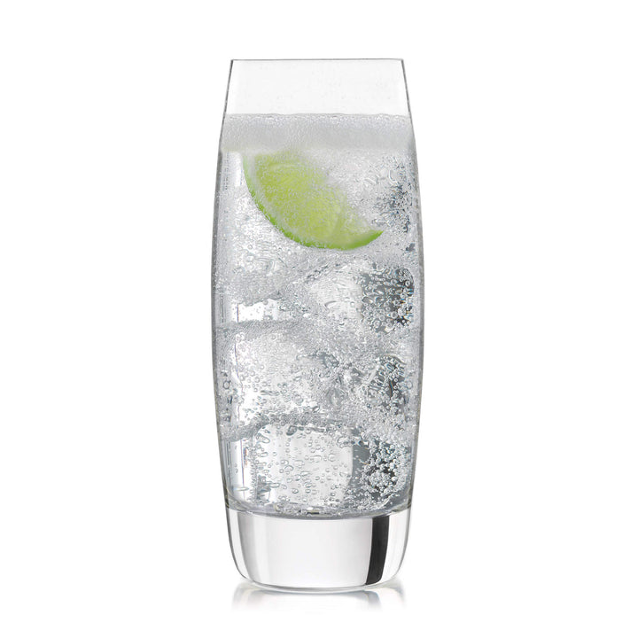 Slender, classy cooler glasses with heavy base and wide rim for all your entertaining needs — eight 16-ounce tumblers