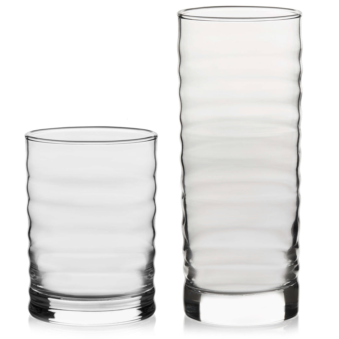 Includes 8, 16.5-ounce cooler/tumbler glasses and 8, 12.25-ounce rocks glasses