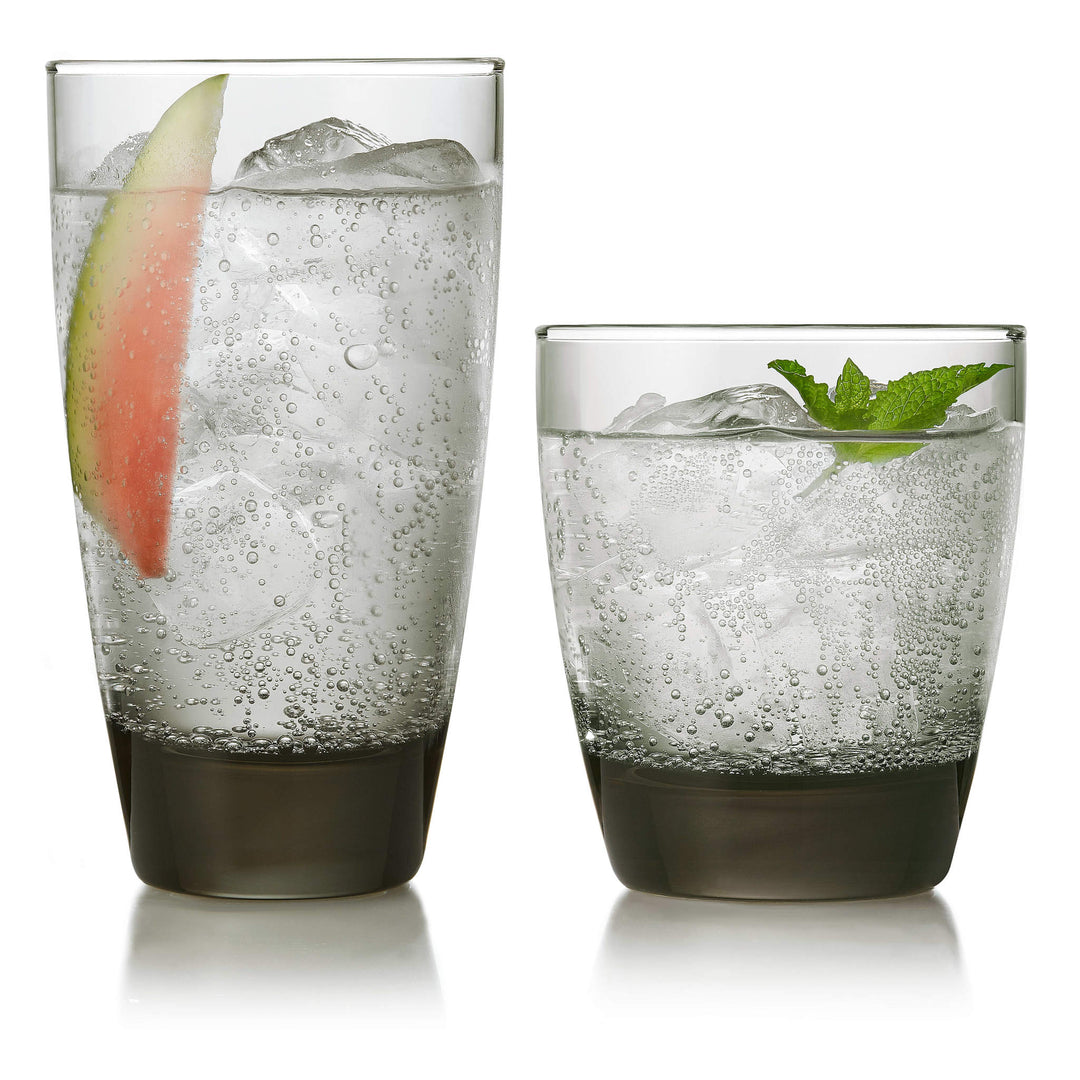 Versatile 16-piece smoke-hued drinkware set that's ideal for a wide range of cocktails — eight 18-ounce drinking glasses and eight 13-ounce rocks glasses