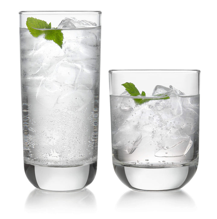 Sophisticated and versatile 16-piece drinkware set perfect for styling a wide range of cocktails -- eight 16.25-ounce drinking glasses and eight 12.25-ounce rocks glasses