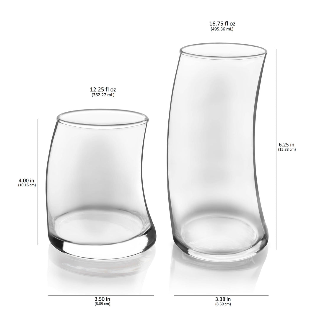Includes 8, 16.75-ounce cooler glasses and 8, 12.25-ounce double old fashioned rocks glasses; due to the glass-making process for this item you may notice a seam in the glass, this is typical and does not affect quality
