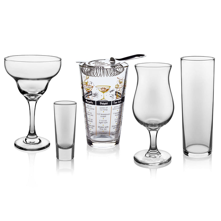 Includes 4, 13.5-ounce cooler glasses; 4, 12-ounce margarita glasses; 4, 10.5-ounce footed poco glasses; 4, 2-ounce shot glasses; 1, 16-ounce mixing glass; and 1, 5.5-inch by 3.7-inch metal strainer