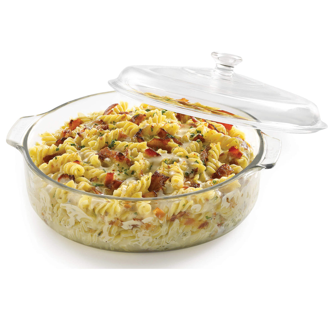 Revolutionary glass construction makes this versatile, large casserole dish with glass cover safe for oven, microwave, refrigerator, and freezer