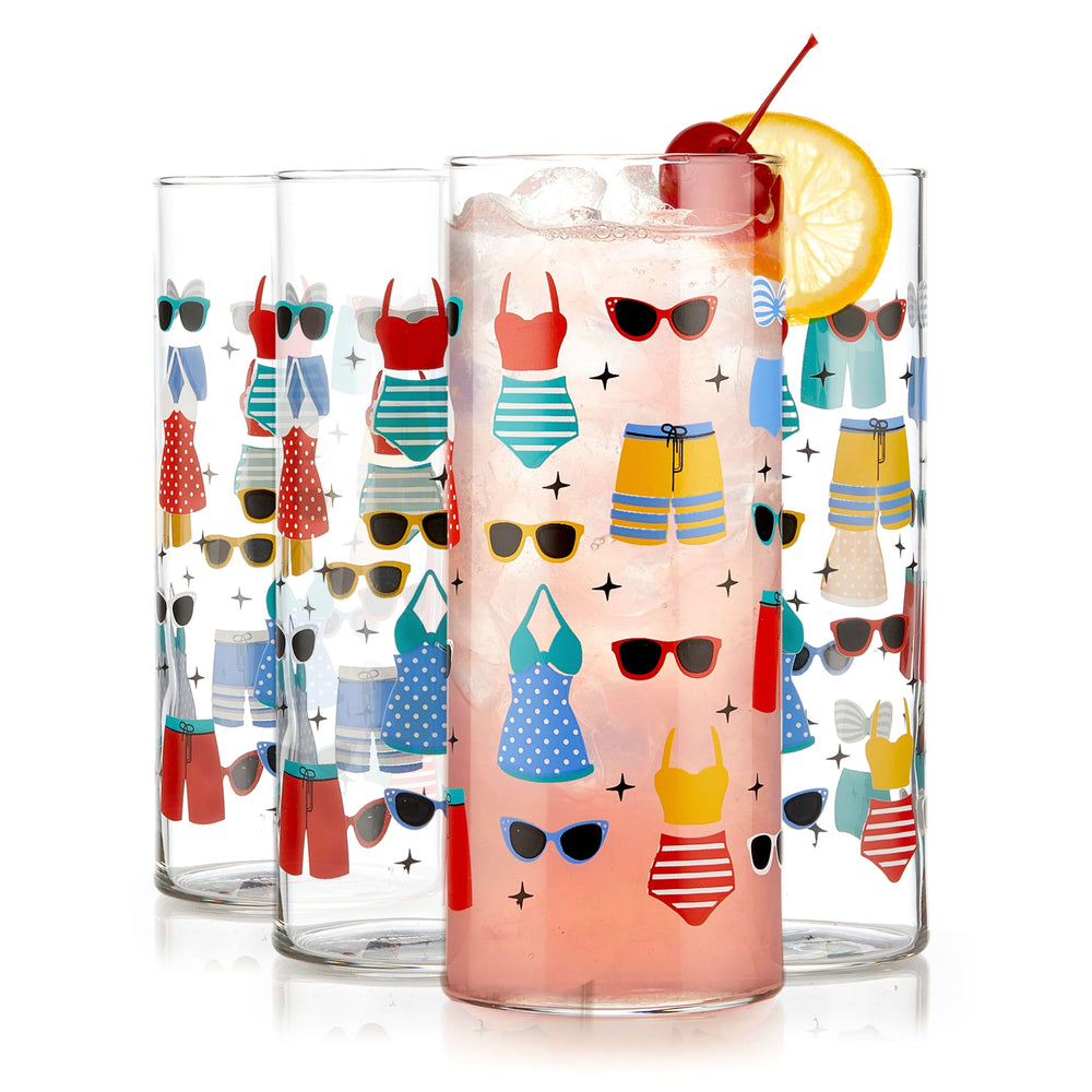 Vintage-inspired glasses with retro swimsuits adorned in rich pops of color