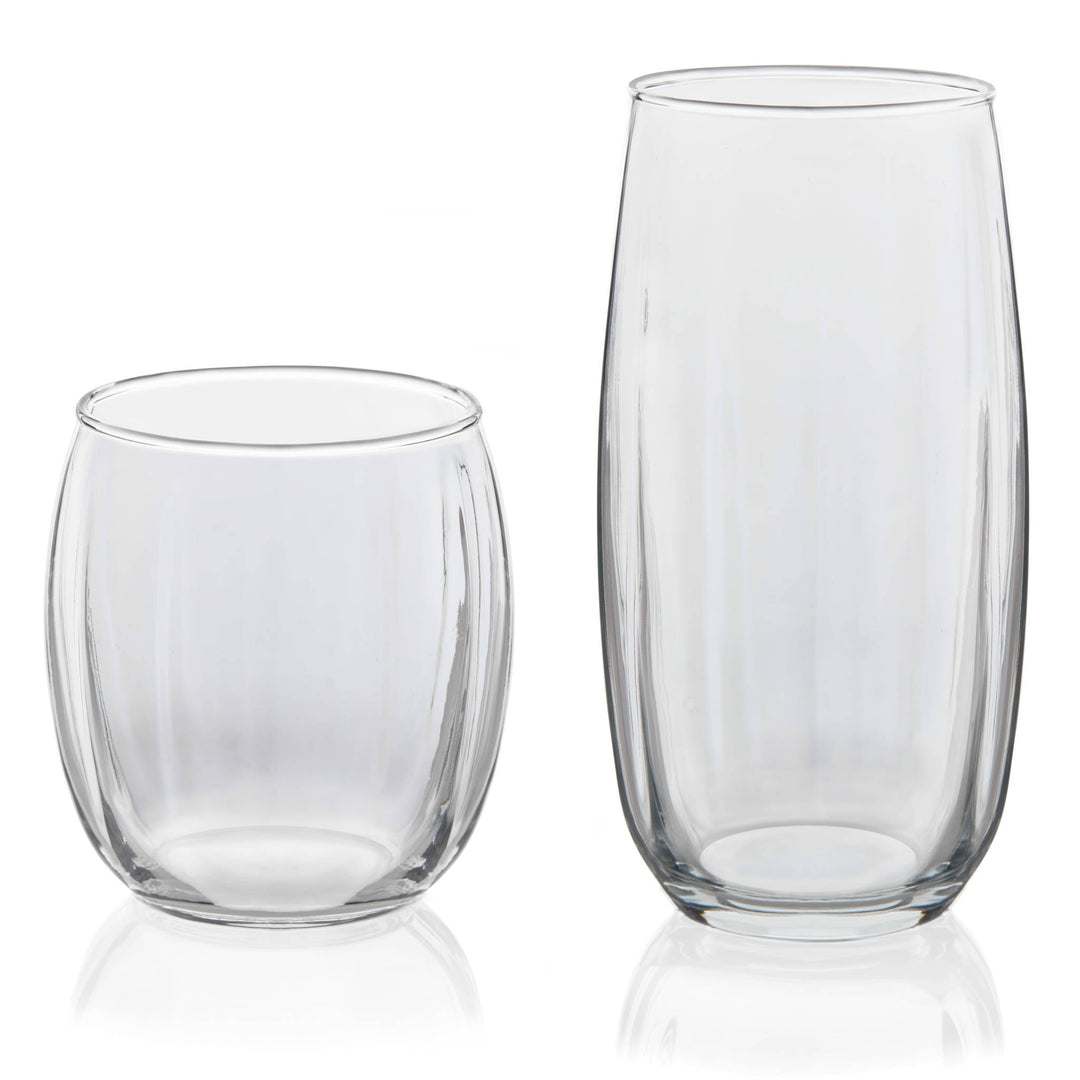 Includes 8, 18.5-ounce cooler glasses and 8, 14-ounce double old-fashioned rocks glasses