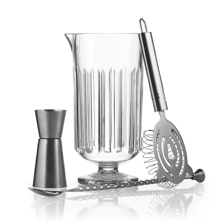 Includes 25.5-ounce stirring glass (4.1-inch diameter by 7.5-inch height), stainless steel strainer, satin finish jigger (1.7-inch diameter by 3.35-inch height) and mirror-finish long stirring spoon