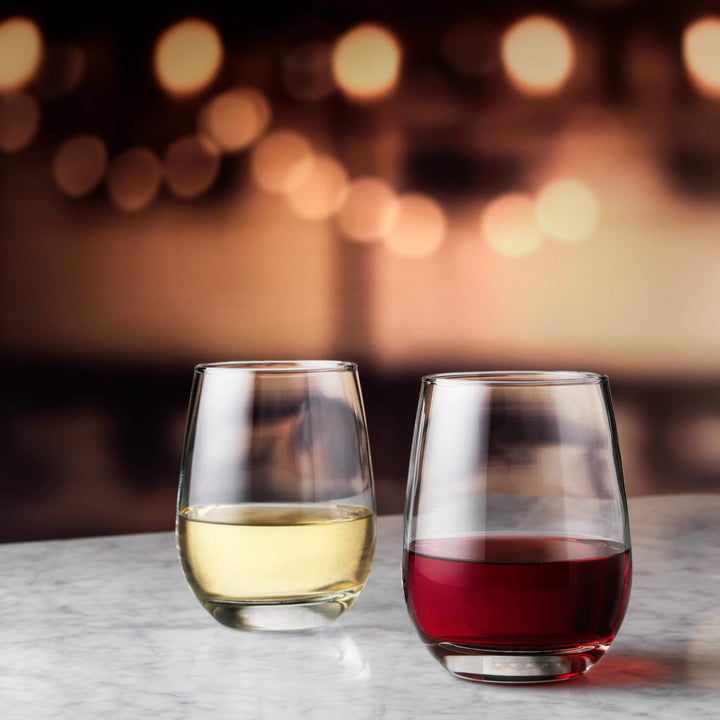 Includes 12, 15.25-ounce stemless glasses (3.5-inch diameter x 4.5-inch height)