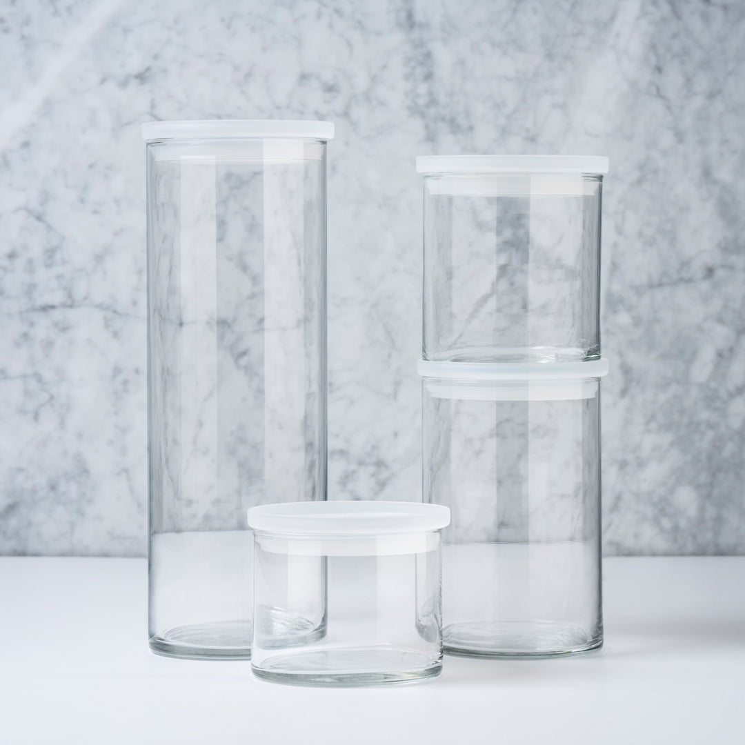 Set includes 15-, 22-, 31- and 58-ounce capacity glass jars with plastic lids