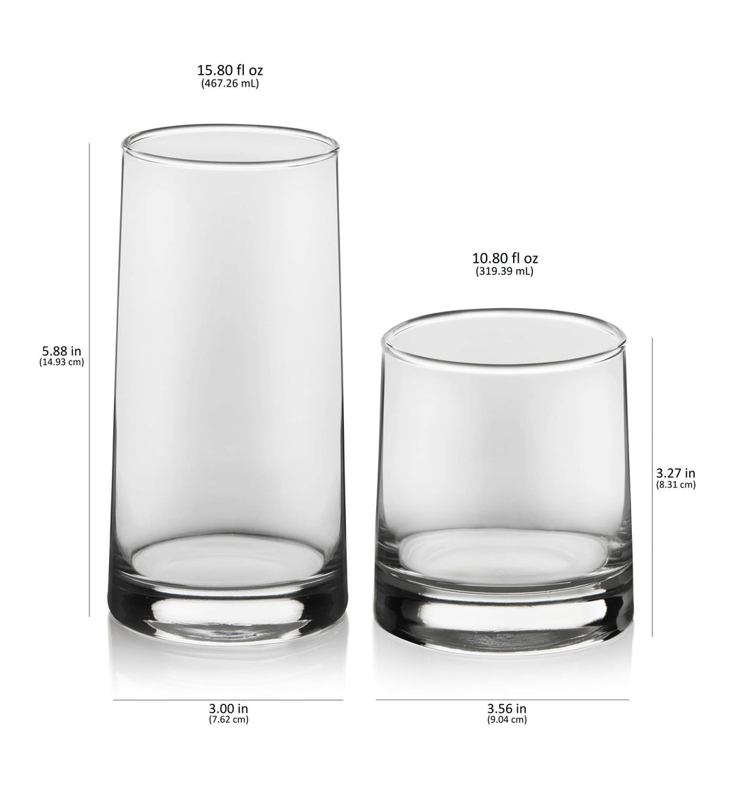 Includes 8, 15.8-ounce tumbler glasses and 8, 10.8 rocks glasses