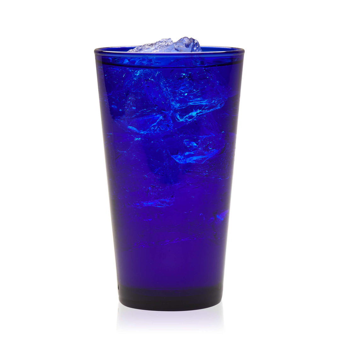 Glass set features a deep cobalt blue, for a striking presentation