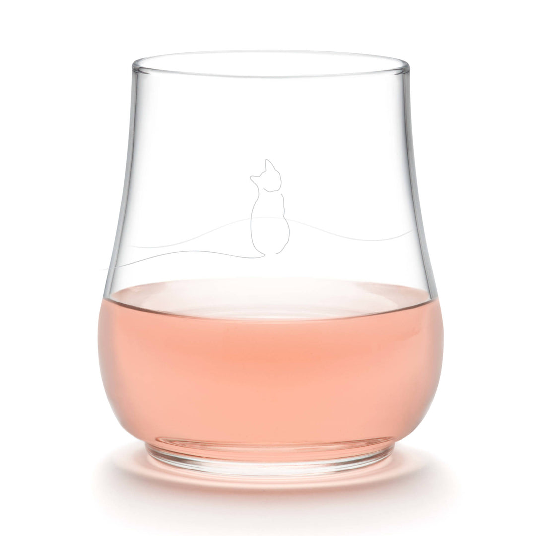 Versatile stemless glass features sophisticated cat illustration and is perfect for serving wine, spirits, water, cocktails or beer