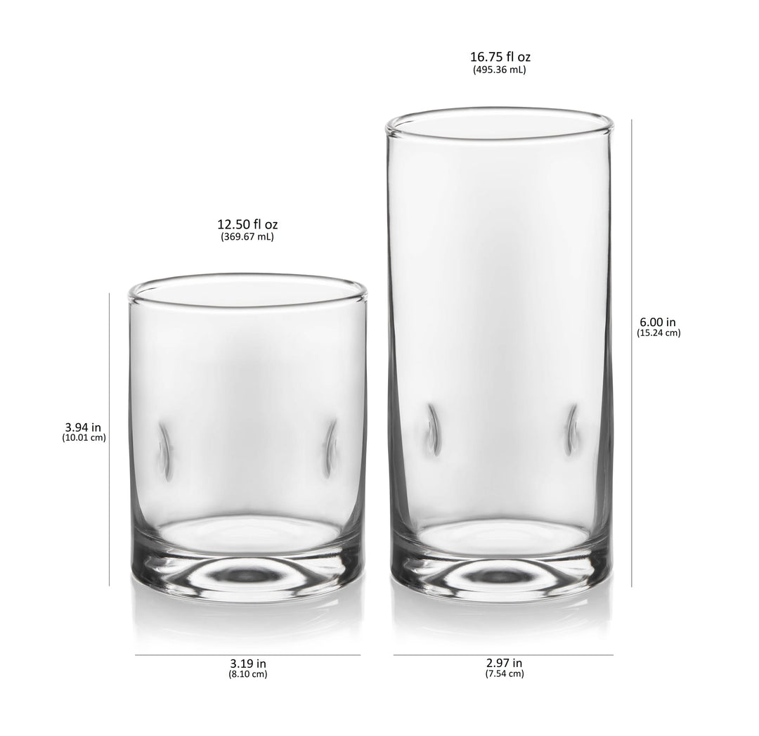 Includes 8, 16.75-ounce clear tumbler glasses (3-inch max diameter by 6 inches high) and 8, 12.5-ounce clear rocks glasses (3.4-inch max diameter by 4 inches high)