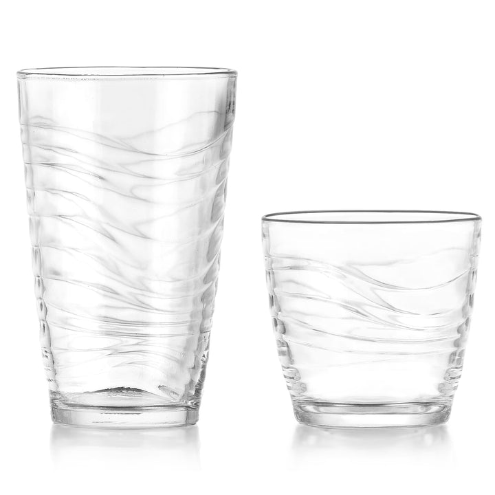 Includes 8, 18.1-ounce cooler glasses (3.5-inch max diameter by 5.7-inch height) and 8, 11.5-ounce rocks glasses (3.6-inch max diameter by 3.4-inch height)