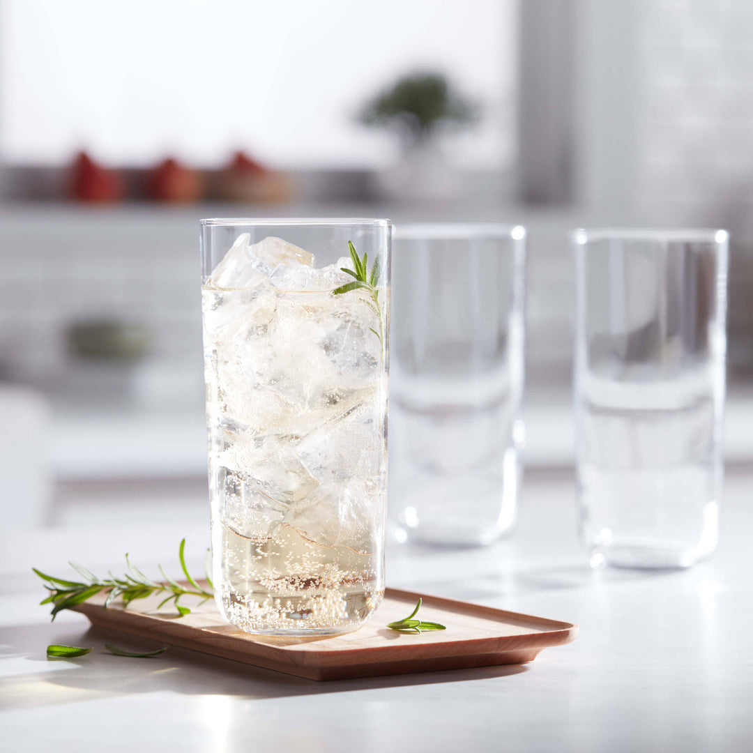 A minimalist take on the popular Polaris glass shape; features straight lines and crystal-clear glass that feels great in hand; base is thoughtfully balanced to prevent tipping
