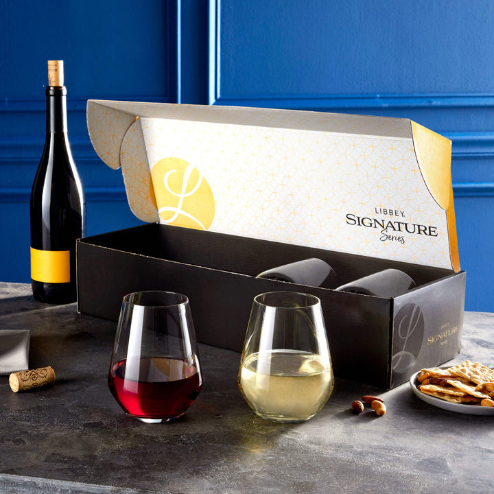 Set includes 4, 18-ounce stemless wine glasses boxed in beautiful gift packaging