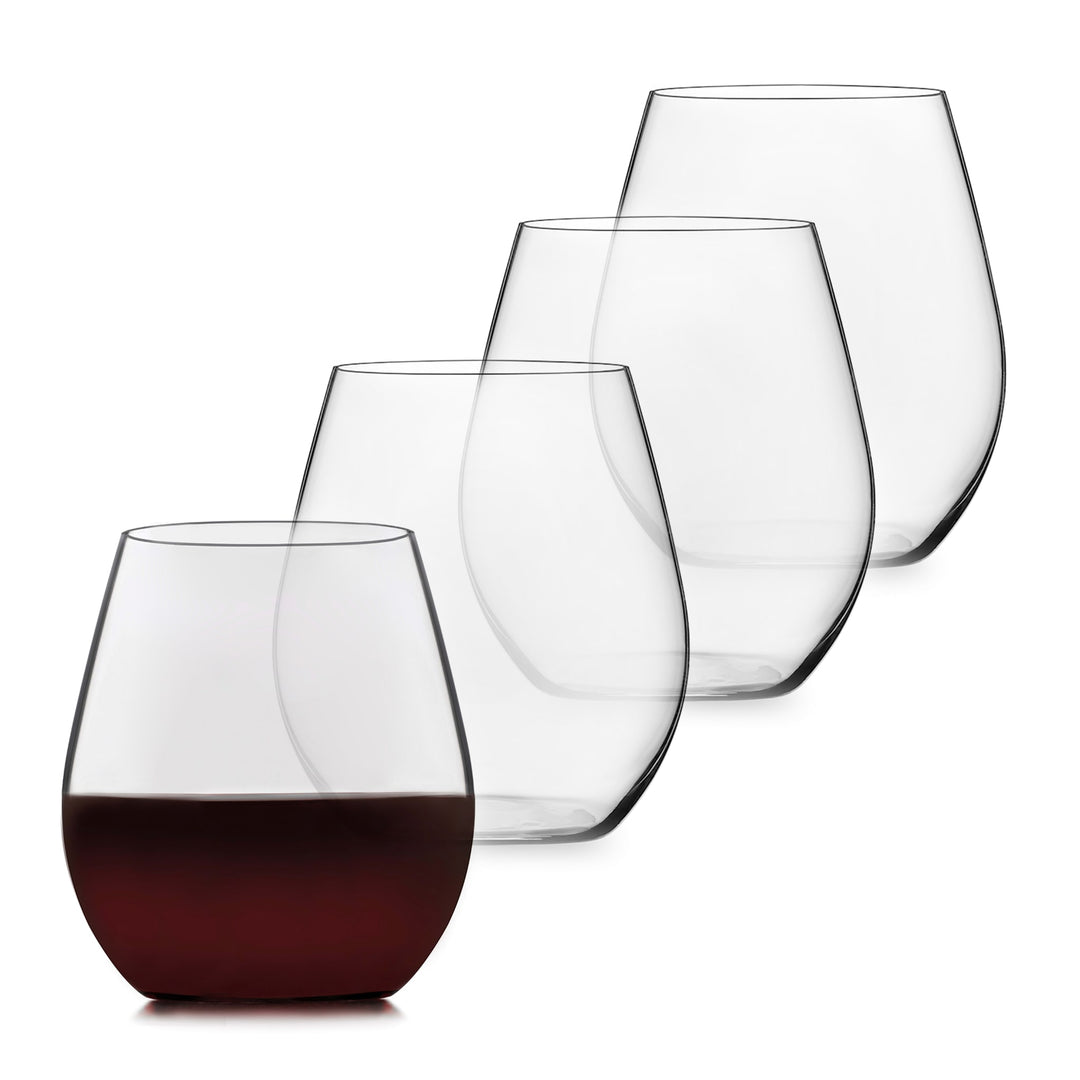 Easy-to-hold and swirl set of four 18-ounce stemless red wine glasses — perfect for Cabernet Sauvignon, Merlot, Shiraz, Zinfandel, and more