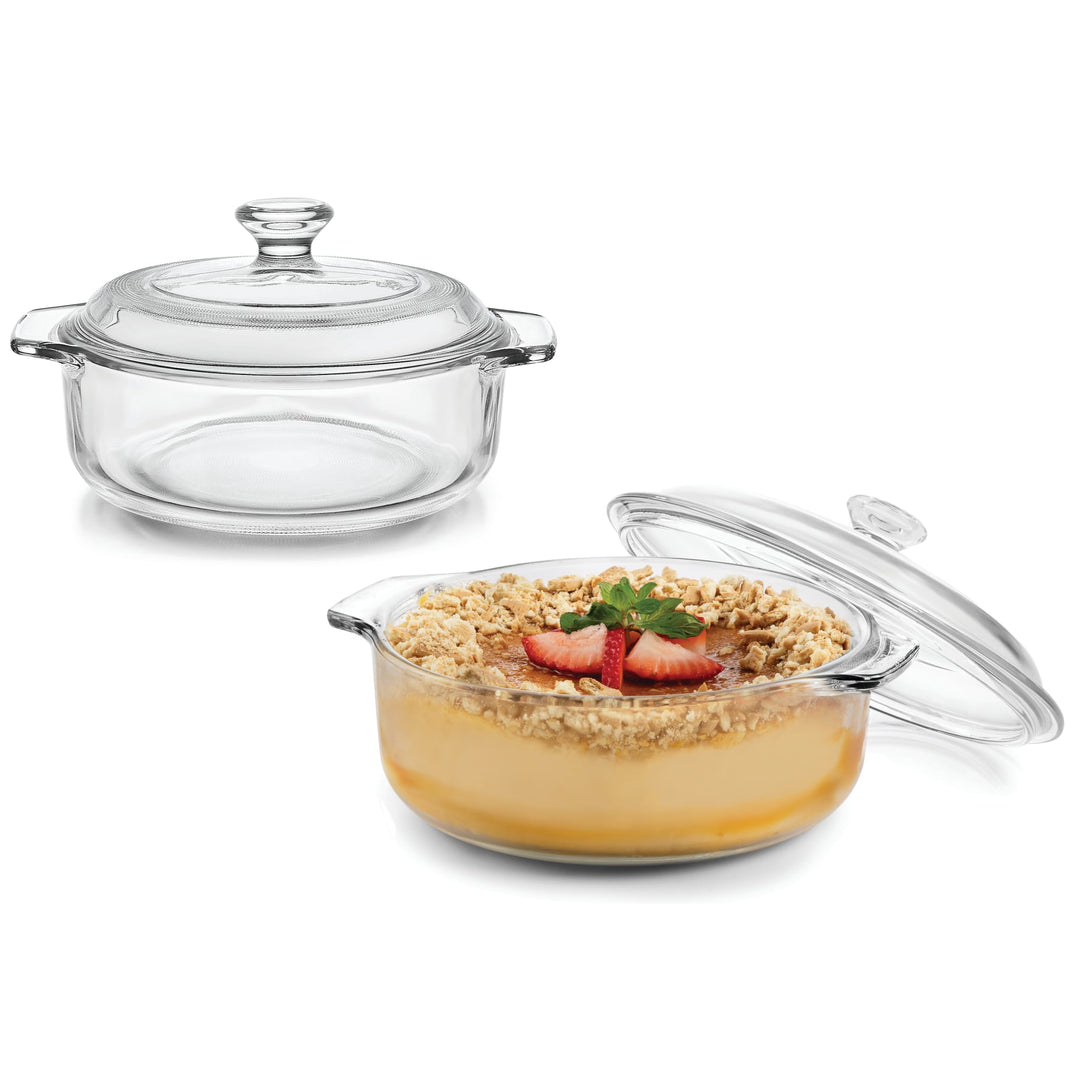 Revolutionary glass construction makes this versatile, casserole dish set with glass covers safe for the oven, microwave, refrigerator, and freezer